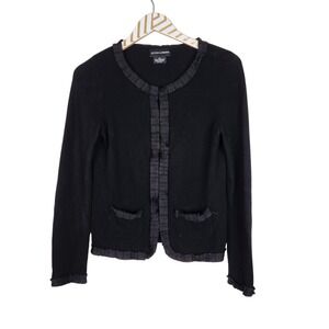 SUTTON CASHMERE Cardigan Sweater Womens XS Black 100% Cashmere Ruffle‎ Trim